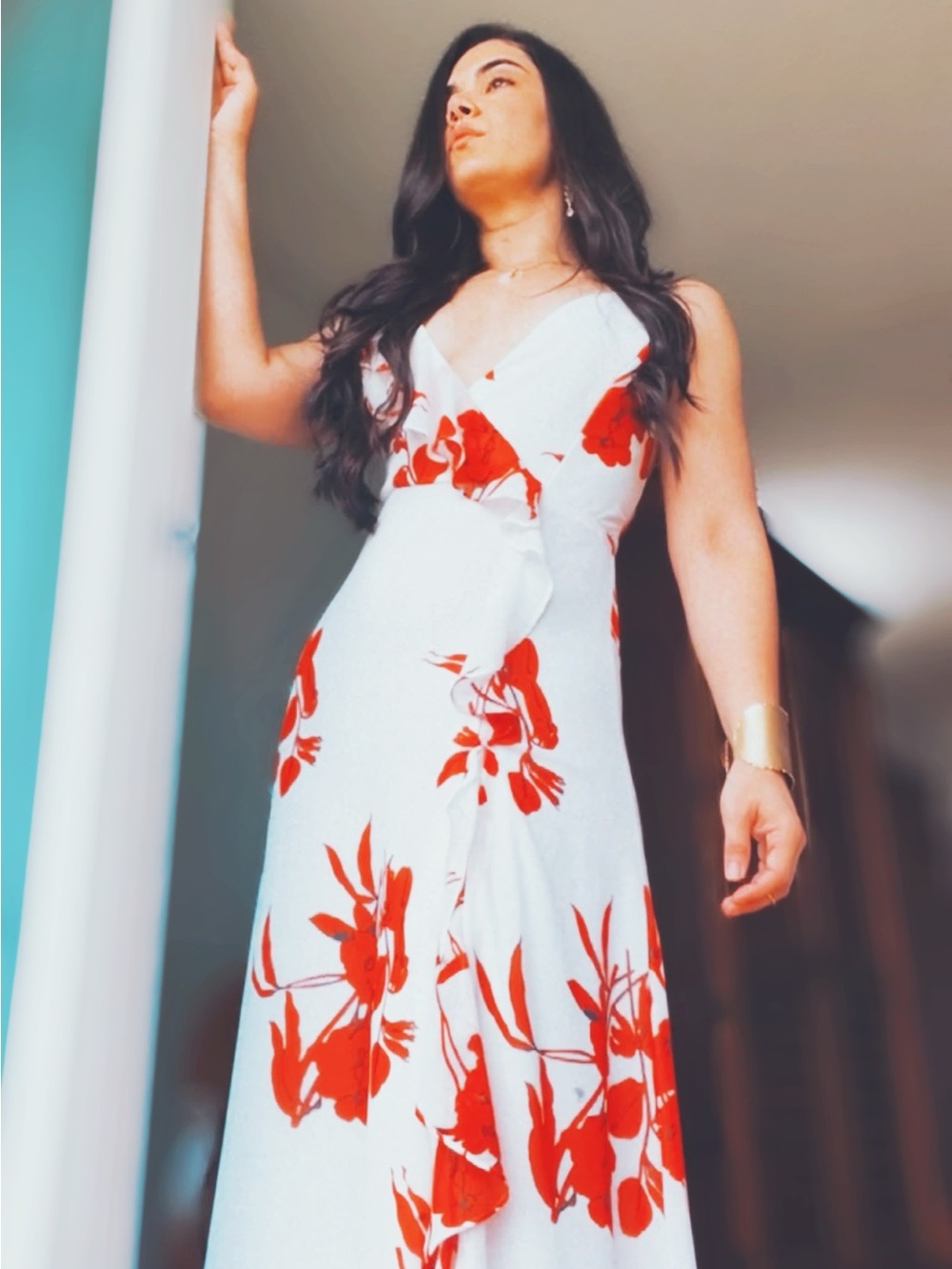 White Floral Maxi Dress with Red Print